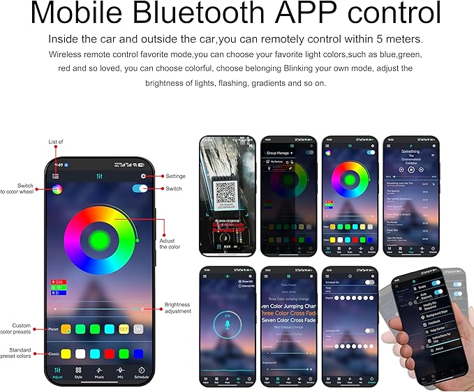 Car Atmosphere Light Kit 4m Fiber Optic RGB Multicolor Sound Active Music Sync Memory Function Bluetooth APP Control 64 Colors USB Car Interior Ambient Lighting Kit DC 12V