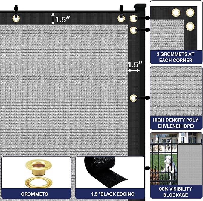 Windscreen4less Privacy Fence Screen Heavy Duty Windscreen Fencing Mesh Fabric Shade Net Cover with Brass Grommtes for Outdoor Wall Garden Yard Pool Deck, 8'x83' Light Gray