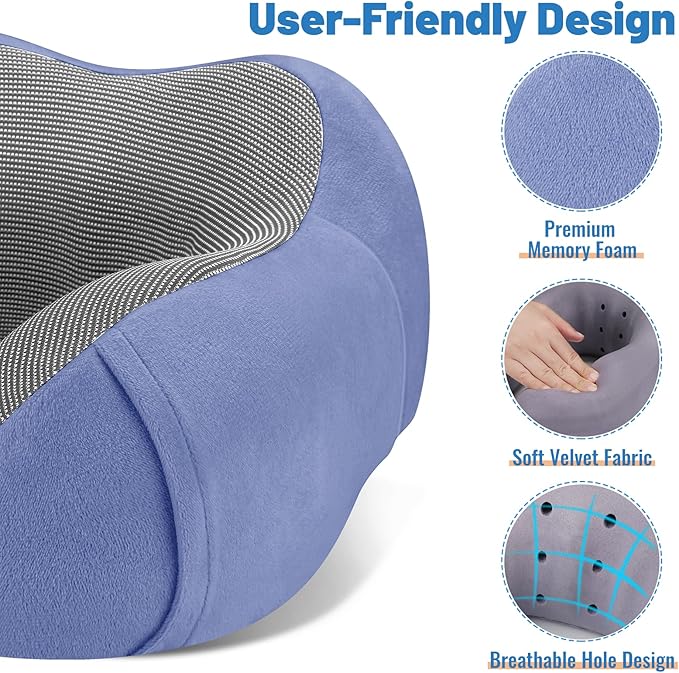 CloudBliss Travel Pillow Premium Memory Foam, Comfortable & Supportive Neck Pillow, Neck Pillows for Sleeping Travel, Airplane Pillow for Sleeping Airplane, Car, Office and Home（Black & Blue）