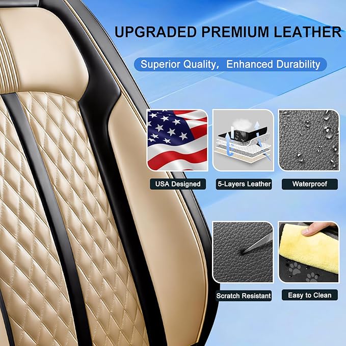 Fit Colorado Car Seat Covers for Select Chevy/Chevrolet Colorado 2015-2026, Premium Full Coverage Leather, Waterproof All Weather Breathable Seat Cushion Protector, Full Set, Black+Beige