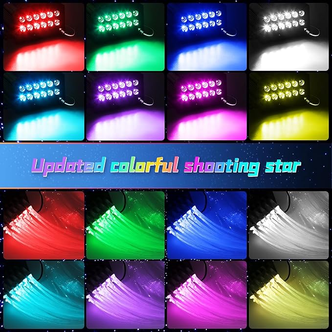 Car Starlight Headliner Kit, 16W Twinkle & Meteor Star Ceiling Lights, 2 in 1 Fiber Optic Light Engine 600pcs*0.02in*9.8ft+240 RGBW Shooting Stars Lights for Car Home Roof Décor