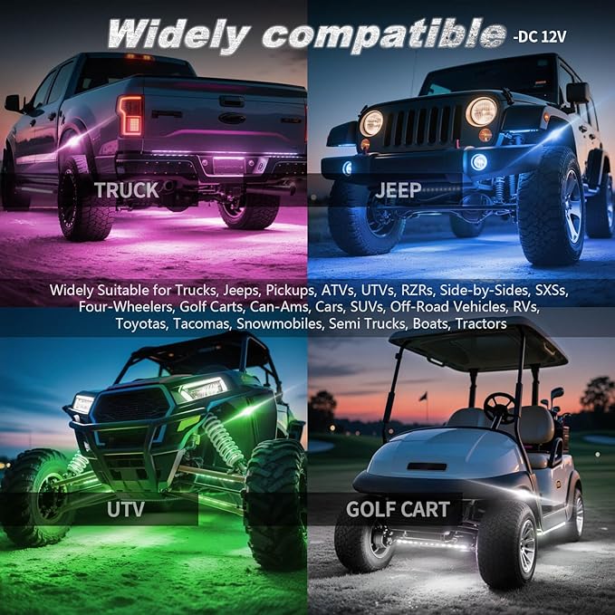 12Pods Full Angle RGB LED Rock Lights Kit for Trucks Pickup Jeep UTV ATV SXS Off-Road, 360Chip Waterproof Multicolor Underglow Light with APP/RF Remote, Pre Wired 12V Underbody Accent Light Dual Zone