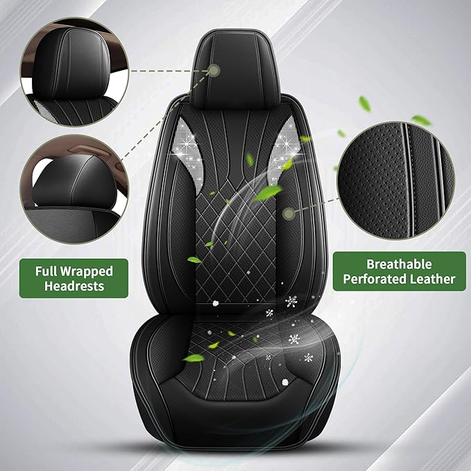 Bling Diamond Embroidered Seat Covers for Honda Pilot 2005-2016, Full Set 5 Seats, Sparkle Rhinestone Breathable Perforated Faux Leather Car Seat Covers for Women (Black)