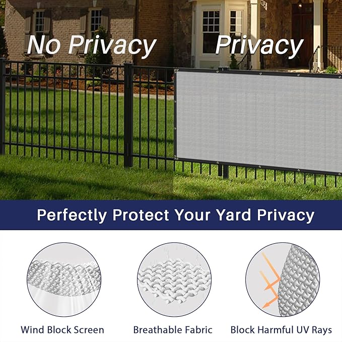 Windscreen4less Privacy Fence Screen Heavy Duty Windscreen Fencing Mesh Fabric Shade Net Cover with Brass Grommtes for Outdoor Wall Garden Yard Pool Deck, 8'x83' Light Gray