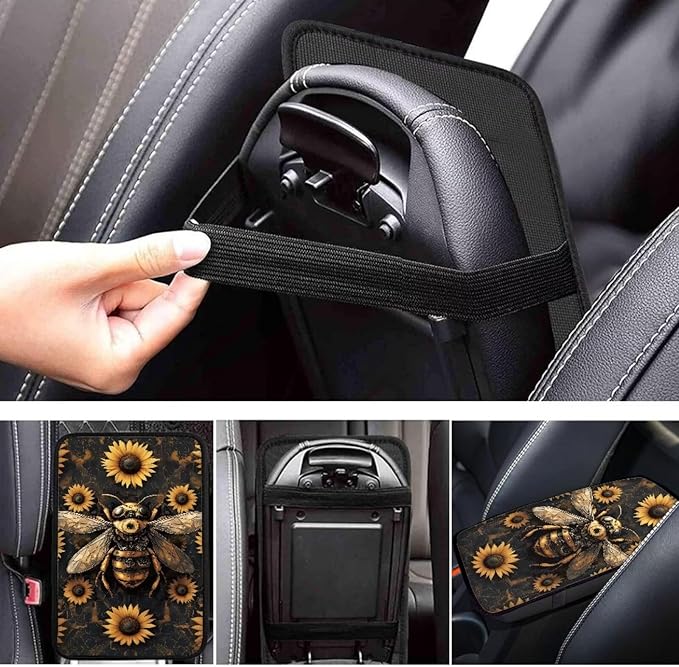 Suobstales Bee Sunflower Print Car Armrest Pad Soft Center Console Arm Rest Protector Cover Universal Car Interior Accessories Decoration