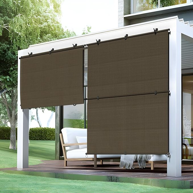 Bynbbur 8'W x 7.5'H Outdoor Patio Shades Foldable Roller Blinds, 220 GSM Sun Shade Roll Up Porch Screens Exterior Shade Cloth for Deck Pergola Backyard, Brown