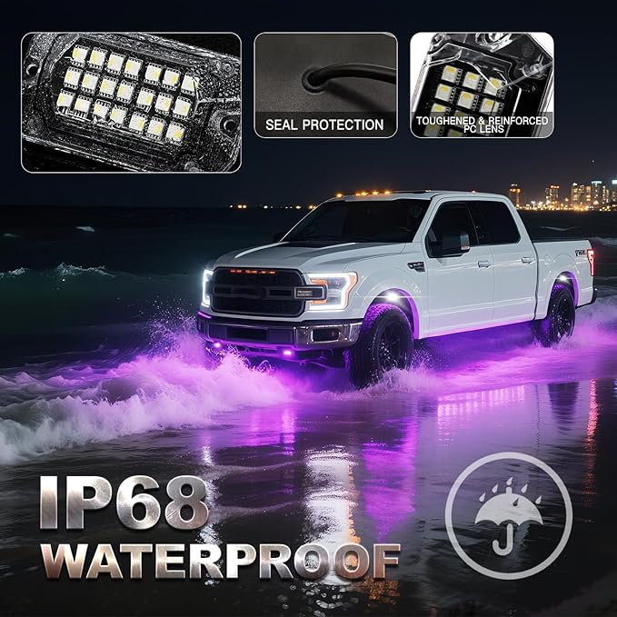 12 Pods Full Angle RGBW LED Rock Lights, 6500K Pure White RGB Rock Light for Truck Jeeps Pickup Offroad Golf Cart SUV UTV Underbody, 12V Waterproof Neon Underglow Kit with APP/RF Remote Sync Music