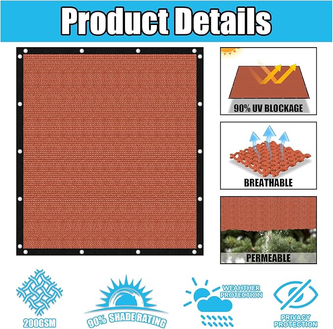 Amagenix 90% Pergola Shade Cover 8' X 11' Sun Shade Cloth with Grommets for Outdoor Garden Patio Porch, Commercial Grade 200 GSM - Cable Zip Ties Included (We Customized) GN108, Rust Red