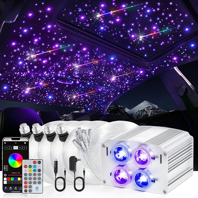 Car Starlight Headliner Kit, 4 Colors 32W Twinkle & Meteor Star Ceiling Lights, 2 in 1 Fiber Optic Light 4 Port Engine 700pcs*0.03in*13.1ft+240 RGBW Shooting Stars Lights for Car Home Roof Décor