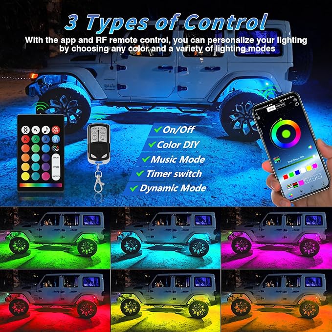 8Pods Segmented RGB LED Rock Lights Kit with APP/RF Remote Control, Upgraded Multicolor Underglow Neon Brake Light Music Mode Waterproof 12V Fender Lights for Trucks Pickup Jeep Golf Cart ATV UTV