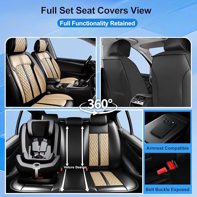 Fit Impala Car Seat Covers for Chevrolet/Chevy Impala 2000-2020, Premium Full Coverage Leather, Airbag Compatible, Waterproof All Weather Breathable Seat Protector, Front Pair Black+Beige