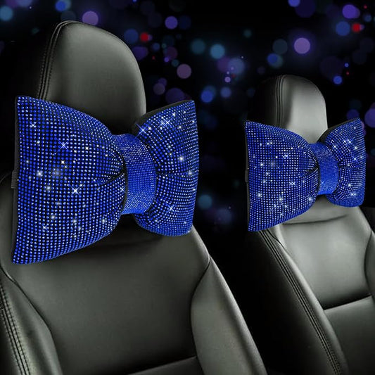 4 PCS Bling Car Pillows,Rhinestones Bowknot Car Headrest Pillow,Car Neck Pillow for Driver Relax Necksupport,Sleeping Travel Support Neck Pillow,Shiny Diamond Interior Accessories for Women,Blue