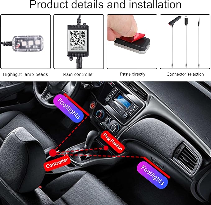 RGB Car Footwell Ambient Lighting Kit Car Charger + USB 16.7 Millions Colors Sound Active Music Sync APP Control + RF Remote Controller Car Interior Multicolored Footwell Atmosphere Light