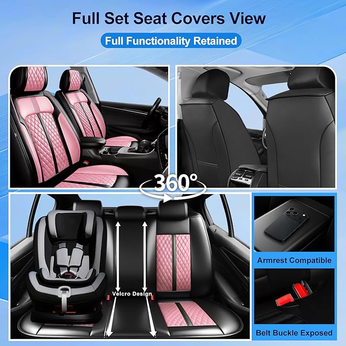 Fit Bolt Car Seat Covers for Select Chevrolet Bolt/Bolt EUV 2017-2025, Premium Full Coverage Leather, Airbag Compatible, Waterproof All Weather Seat Cushion Protector, Full Set, Black+Pink