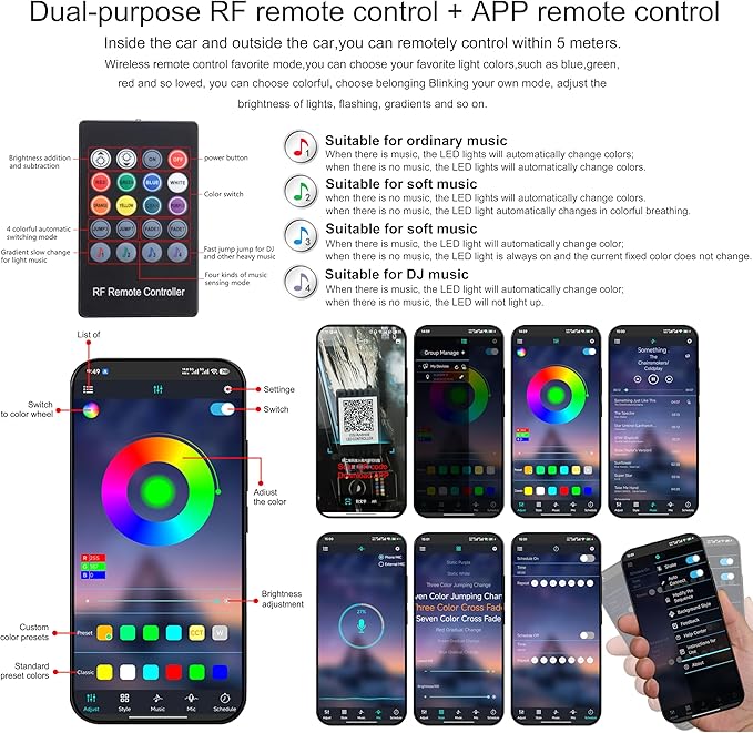 Car Footwell Atmosphere Light Kit RGB Multicolor Sound Active Music Sync Memory Function RF Remote Controller + Bluetooth APP Control 64 Colors USB Car Interior Ambient Lighting Kit DC 12V