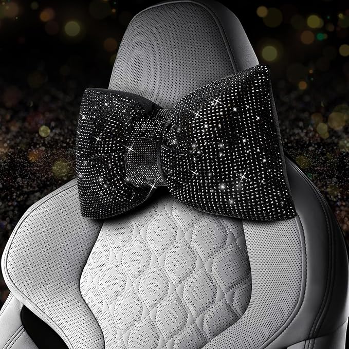 4 PCS Bling Car Pillows,Rhinestones Bowknot Car Headrest Pillow,Car Neck Pillow for Driver Relax Necksupport,Sleeping Travel Support Neck Pillow,Shiny Diamond Interior Accessories for Women,Black