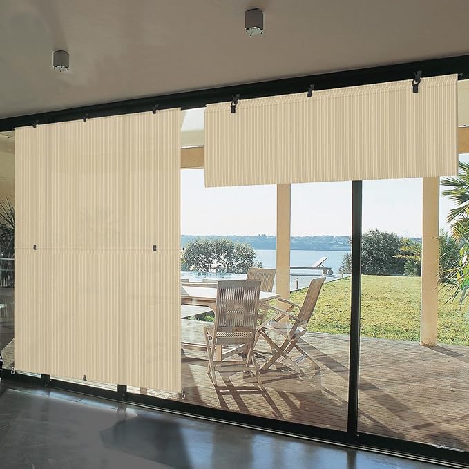 Bynbbur 4'W x 6'H Outdoor Patio Shades Foldable Roller Blinds, 220 GSM Sun Shade Roll Up Porch Screens Exterior Shade Cloth for Deck Pergola Backyard, Beige
