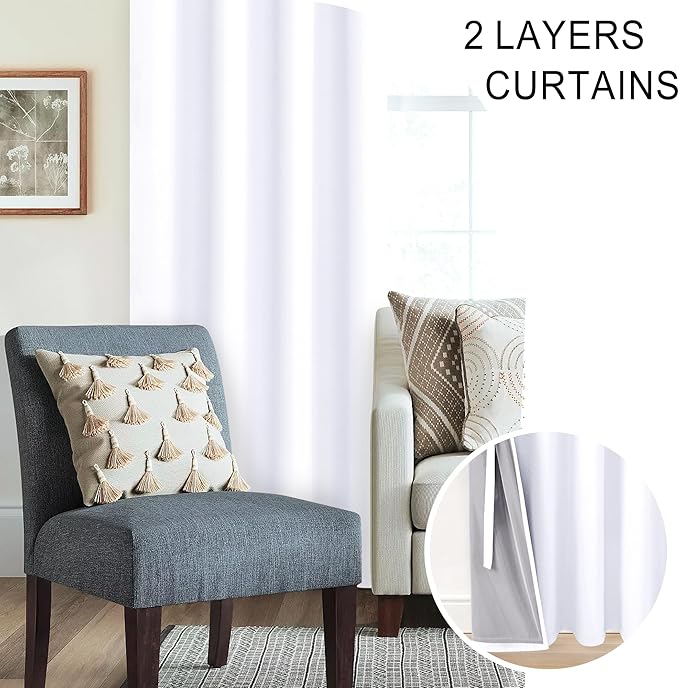 XWZO White 100% Blackout Curtains - Heat and Full Light Blocking Drapes with Black Liner for Bedroom/Laundry Room, Grommet Top Window Panels with Tiebacks, White, W52 x L72, Set of 2