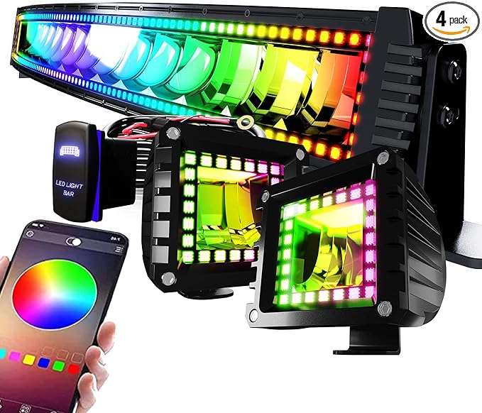 32" Curved RGB LED Light Bar 2X 4 Flood LED Pods with Chasing RGB Halo 16 Solid Colors Offroad Driving Fog Lights with Switch Wiring Harness