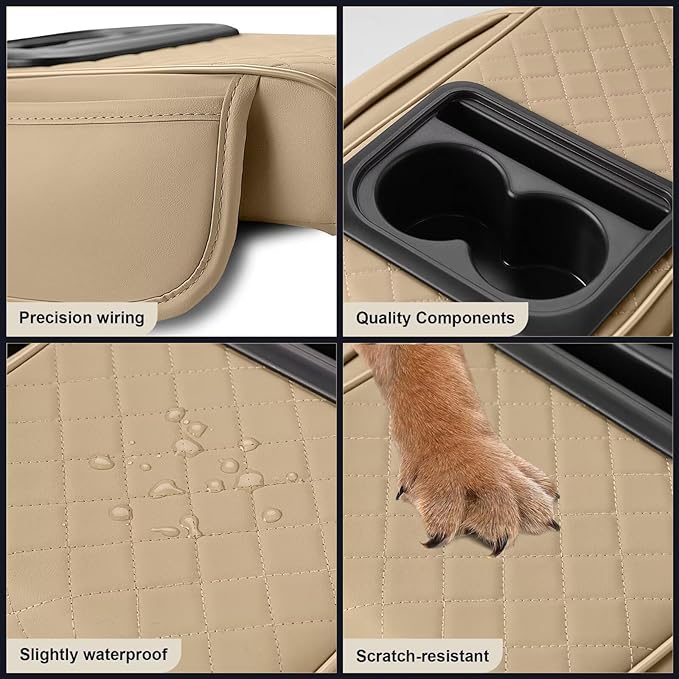 Center Console Cover Fit for bZ4X Faux Leather Car Armrest Cushion with Storage Bags, Cup Holder ＆ Phone Storage Multifunctional Middle Console Cover(Beige)