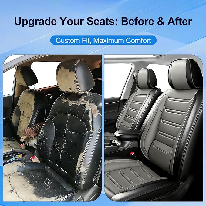 Fit CX-30 Car Seat Covers for Select Mazda CX30 2020-2025, Full Coverage Leather, Airbag Compatible, Luxury Waterproof & All Weather Seat Protector, Front Pair Black+Gray