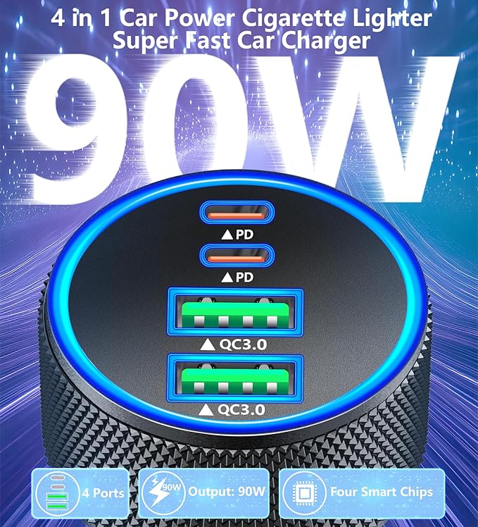 Car Charger USB C, Rombica 2Pack 4-Port 90W Dual USB-C&USB-A Car Power Cigarette Lighter Adapter PD/QC3.0 Type C Fast Car Charging for iPhone 17 17 Pro Max 16 15 14 13 12 11/Galaxy S26 S25/Pixel/iPad