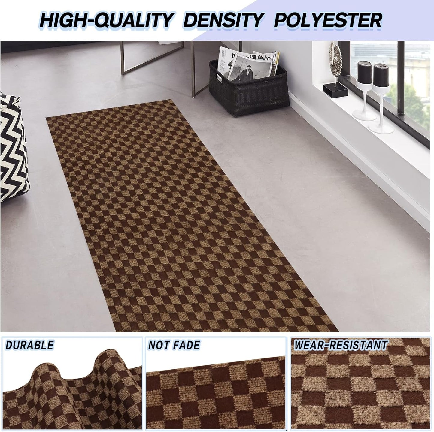 Custom Size Backed Non-Slip Area Rugs Runner, Easy Clean, Waterproof Runner Rugs for Hallway Entryway, Kitchen, Laundry, 3FT x 52FT, Brown Checkered