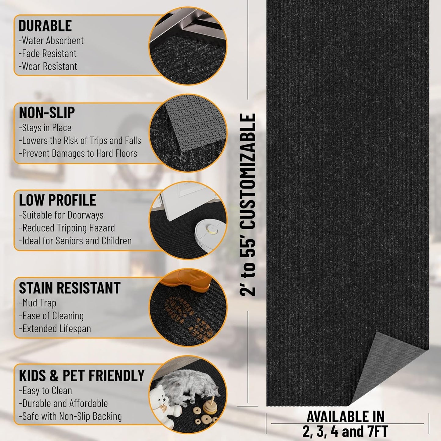Ottomanson 6'6" x 14' Hallway Runner with Scraper Pile - Extra Durable Non-Slip Rug Mat for Indoor & Outdoor Use - Ideal for Kitchen, Entryway & Garage - High-Traffic Carpet, Black