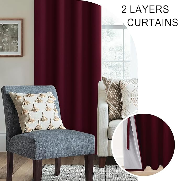 XWZO 100% Blackout Window Curtains - Thermal Insulated & Noise Reduction Black Liner Ring Top Window Treatment Sewn with Tiebacks for Bedroom/Living Room, Burgundy, W52 x L54, Set of 2