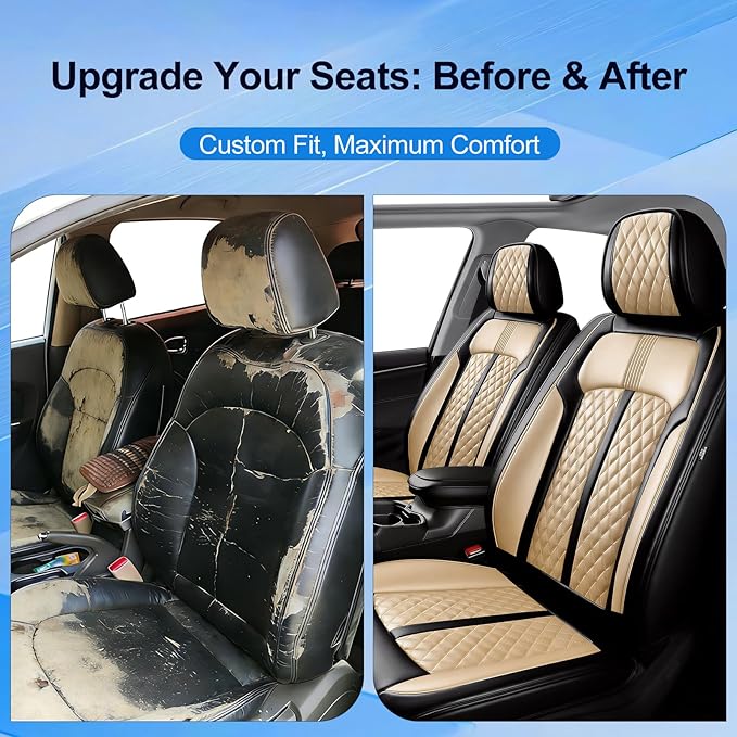 Fit Tahoe Car Seat Covers for Select Chevrolet/Chevy Tahoe 2000-2025 2026 - Full Coverage Leather, Waterproof & All Weather Seat Cushion Protector, Front Pair Black+Beige