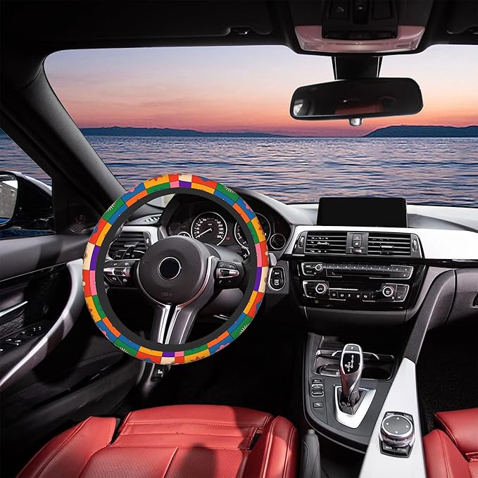 Abstract Groovy Flowers Steering Wheel Covers Universal 15 Inch Car Wheel Cover,Anti-Slip Breathable Car Accessories Protector Fit for Trucks,Sedans,SUVs,Vans