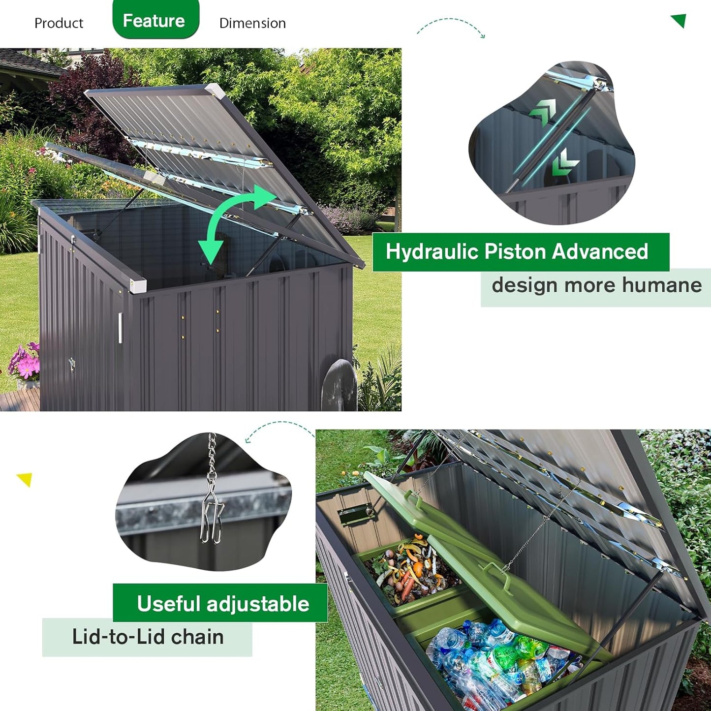 AECOJOY Outdoor Trash Can Storage Shed, 46 Cu.Ft Outside Garbage Can Storage Shed, Dark Grey Outdoor Horizontal Storage Cabinet Waterproof, Bike Sheds & Outdoor Storage Clearance