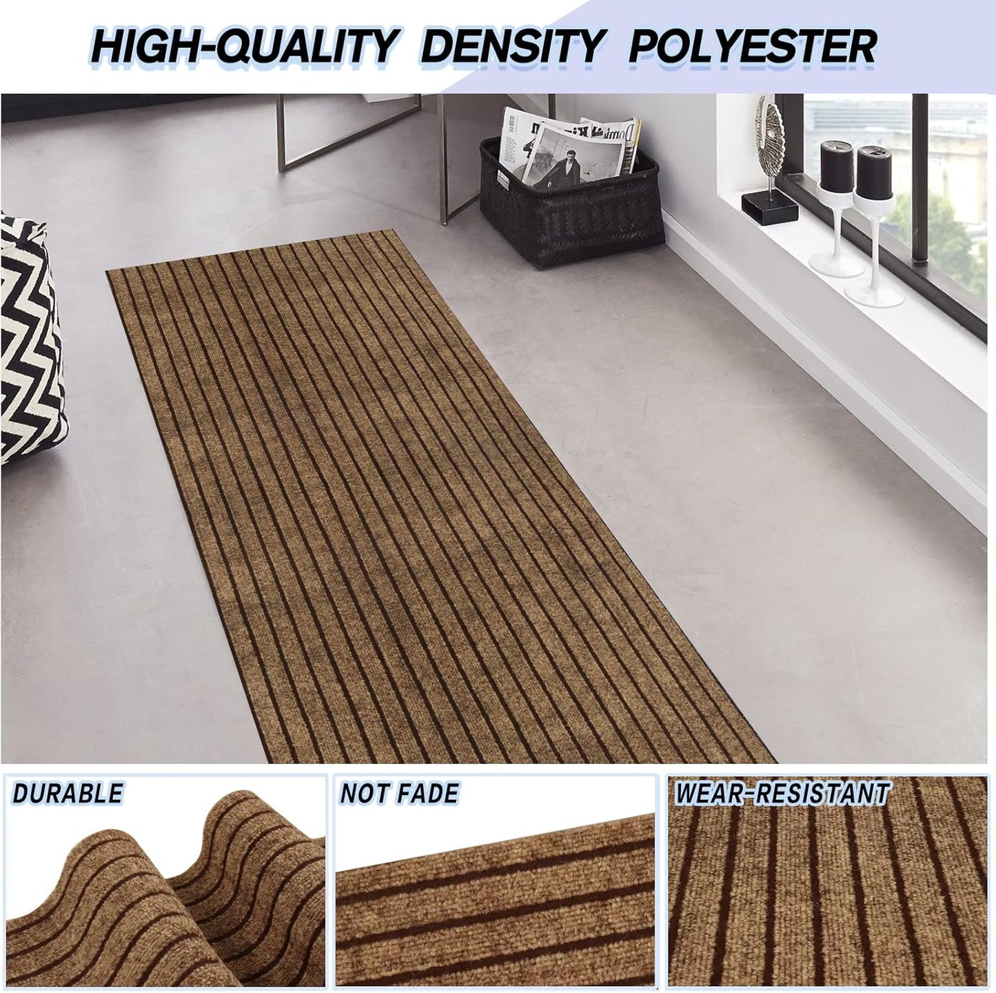 Custom Size Backed Non-Slip Area Rugs Runner, Easy Clean, Waterproof Runner Rugs for Hallway Entryway, Kitchen, Laundry, 4FT x 66FT, Brown Stripe
