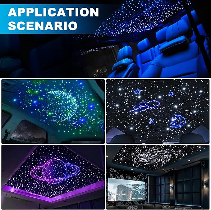 4 Colors 12W Car Starlight Headliner Kit 1200pcs*0.02in*9.8ft with APP&RF Remote,RGBW Fiber Optic Strands Star Roof Lights,4 Port Engine Sound Activated Ceiling Star Lights for Home/Car Decor