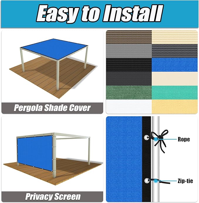 Amagenix 90% Pergola Shade Cover 7' X 13' Sun Shade Cloth with Grommets for Outdoor Garden Patio Porch, Commercial Grade 200 GSM - Cable Zip Ties Included (We Customized) GN108, Blue