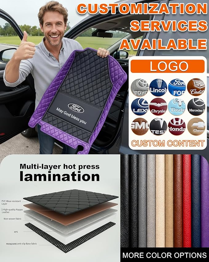 All-Weather car Floor MATS-Suitable for 99% of car Models,Leather car mat, offering Personalized Embroidery and Multiple Color Options,Provide Protection for car Rug (Blue Beige)