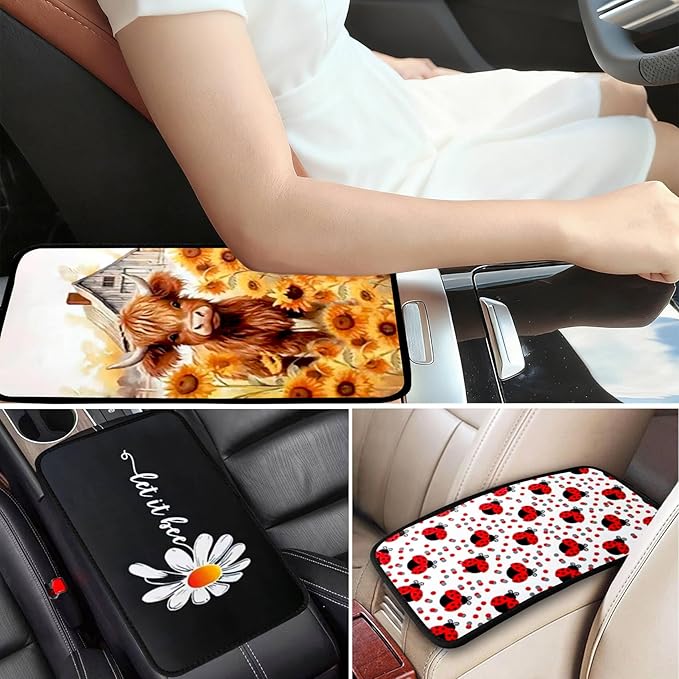 Daisy Butterfly Vehicle Center Console Armrest Cover Pad,Daisy Car Accessories Soft Middle Console Cushion Pad,Auto Arm Rest Mat Decor Daisys Gifts for Women Men Dad for Most Vehicle SUV Truck