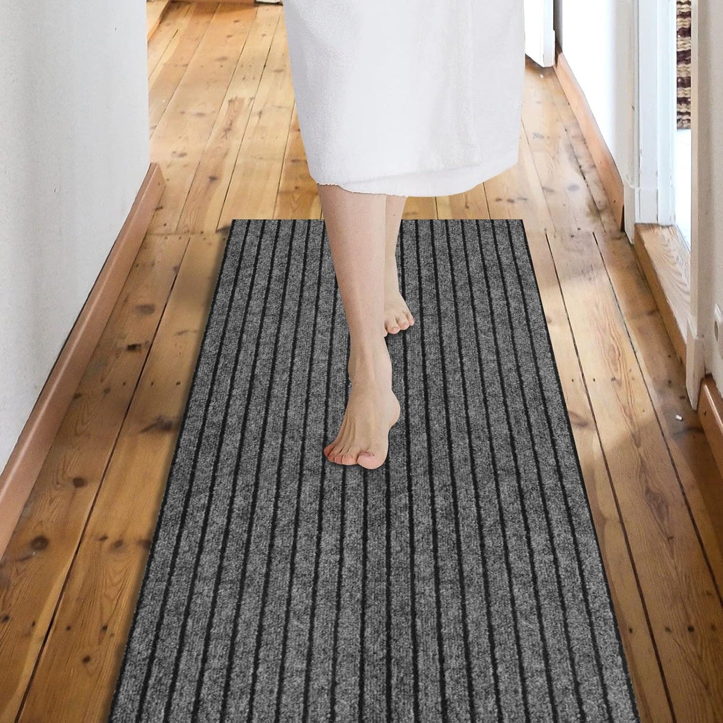Custom Size Backed Non-Slip Area Rugs Runner, Easy Clean, Waterproof Runner Rugs for Hallway Entryway, Kitchen, Laundry, 4FT x 66FT, Gray Stripe