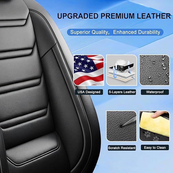 Fit RAV4 Car Seat Covers (Front Pair) for Select Toyota RAV 4 2013-2025 2026 /RAV4 Hybrid - Premium Full Coverage Leather, Airbag Compatible, Waterproof & All Weather Seat Protector, Black