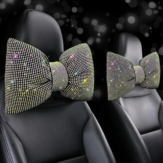 4 PCS Bling Car Pillows,Rhinestones Bowknot Car Headrest Pillow,Car Neck Pillow for Driver Relax Necksupport,Sleeping Travel Support Neck Pillow,Shiny Diamond Interior Accessories for Women, Colorful