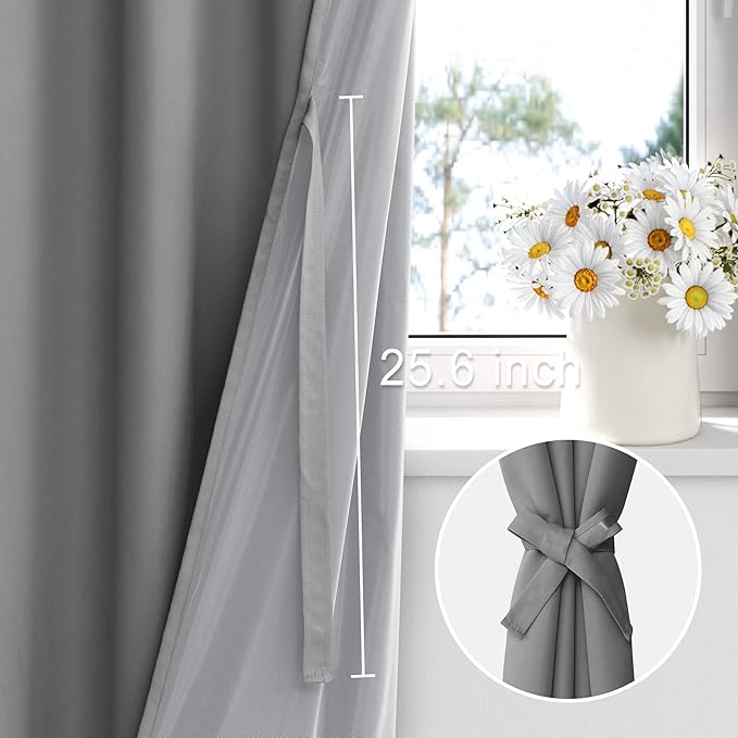 XWZO 100% Blackout Curtains 84 Inches Long with Tiebacks- Narrow Wide Heat Blocking and Soundproof Curtain Panels with Grommets for Short Windows, Grey, W38 x L84, Set of 2