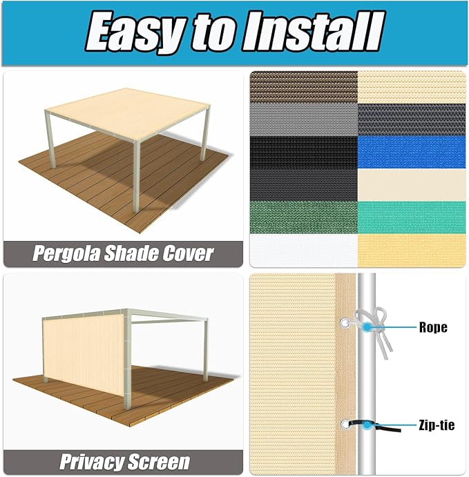 Amagenix 90% Pergola Shade Cover 8' X 11' Sun Shade Cloth with Grommets for Outdoor Garden Patio Porch, Commercial Grade 200 GSM - Cable Zip Ties Included (We Customized) GN108, Wheat