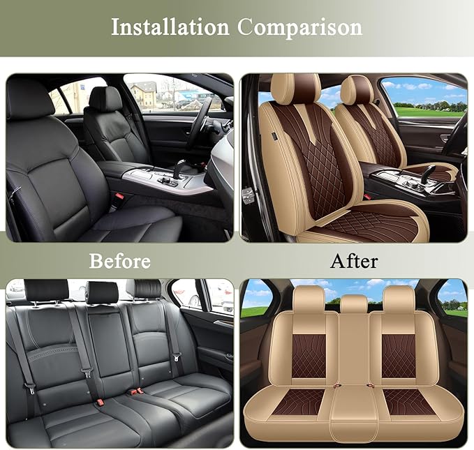Breathable Car Seat Covers for Subaru Forester 2025 2024 2023 2022 2021 2020 2019 2018 2017 2016 2015 2014 2013 2012 2011 2010 2009 2008 2007, Perforated Leather Full Set 5 Seats (Beige&Brown)