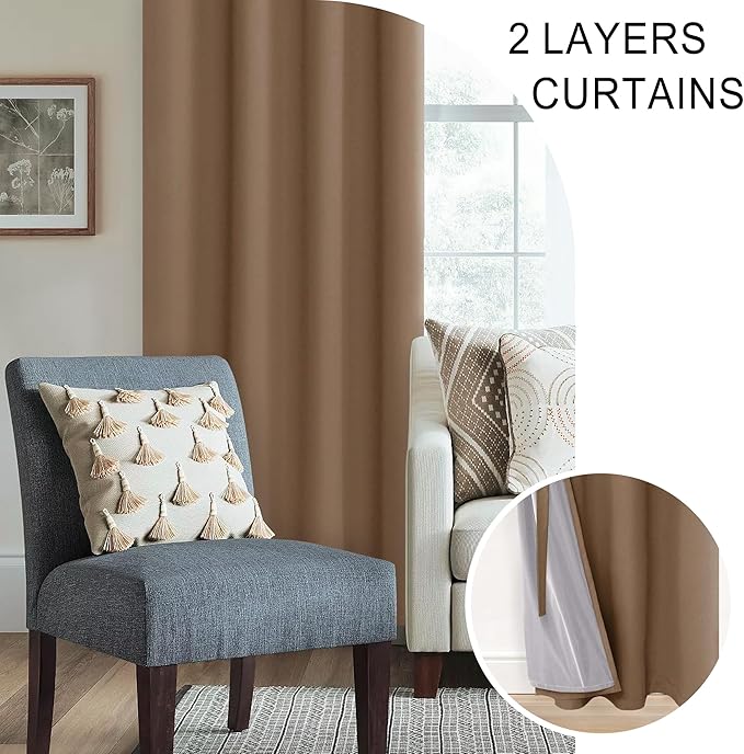 XWZO Full Shading Blackout Curtains 45 Inches Length - Heat and Light Blocking Ring Top Window Drapes with Black Liner Backing for Bedroom Sewn with Tiebacks, Cappuccino, W52 x L45, Set of 2 Panels