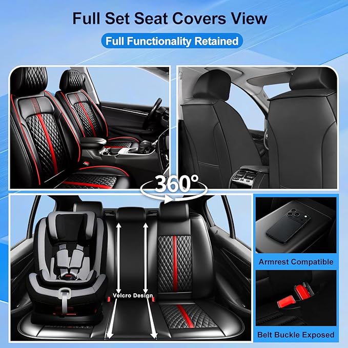 Fit CX-7 Car Seat Covers for Select Mazda CX7 2006-2012, Premium Full Coverage Leather, Airbag Compatible & Scratch-Resistant, Waterproof All Weather Seat Protector, Full Set, Red Trim