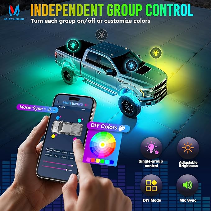 MICTUNING Q2+ MAX RGB+IC Rock Lights - 16 Pods Multi-Color DIY Effect Underglow Neon Kit, Individual Group Control, APP Music Sync, IP68 Waterproof