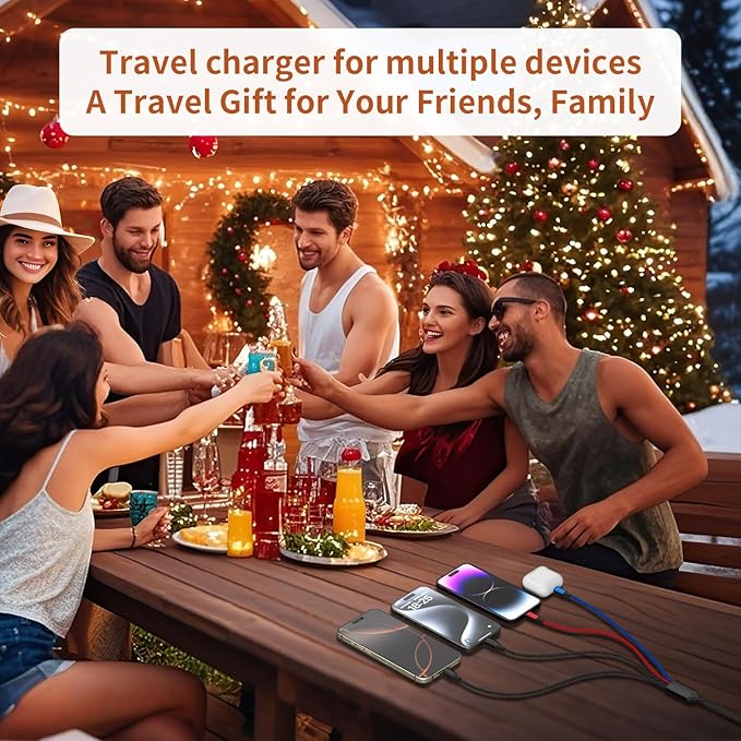 Travel 4 in 2 Charging Cable with Dual Type-C Port, USBA/C Multi Charging Cable Cords for Multiple Devices, Multiple Phone Charger Cord for iPhone17-8, Android, iPad, Car Accessories (3Packs 5FT)