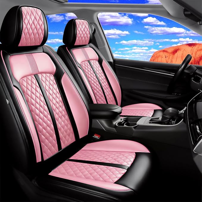 Fit Mazda 3 Car Seat Covers for Select Mazda 3 2010-2019 - Full Coverage Leather, Airbag Compatible, Waterproof & All Weather Seat Cushion Protector, Full Set, Black+Pink
