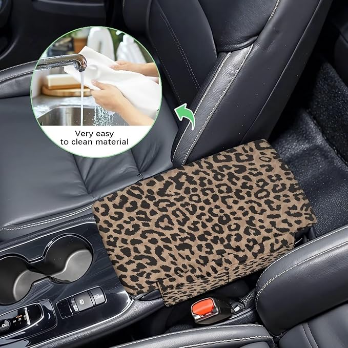 Dreaweet Brown Leopard Print Center Console Cover Thick Arm Rest Cover for Car Women Cheetah Car Accessories Interior Middle Console Cushion Cover Pad with Pockets