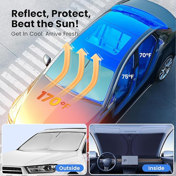Windshield Sunshade for Ford Econoline E-Series Van & Motorhome E-150 E-250 E-350 E-450 1992-2026 – Upgraded Double-Layer Design, Mirror Cut-Out, Blocks 99% UV Rays, Ford E-Series Windshield Sun Shade